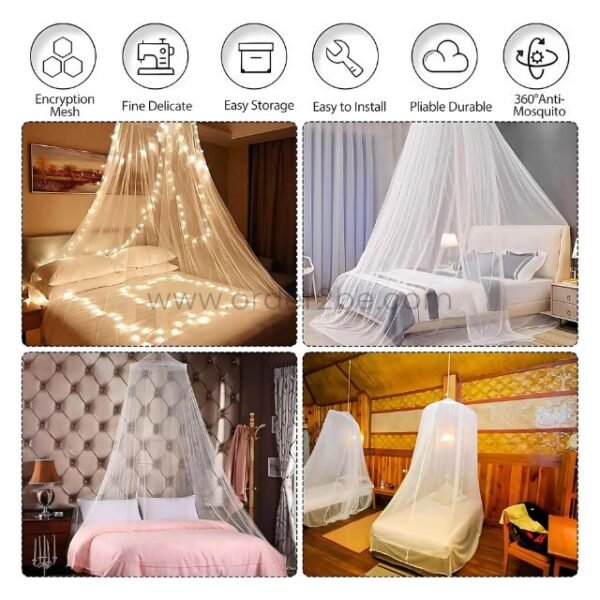 White bed mosquito net shown in various home settings, emphasizing durability, versatility, and mesh quality.
