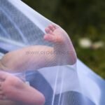 Baby sleeping under a white bed mosquito net with soft mesh gently enclosing the crib area.