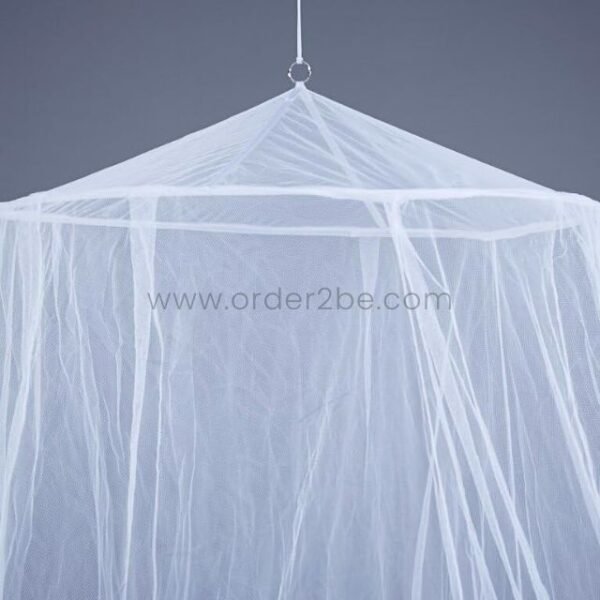 White bed mosquito net shown hanging against a neutral wall, highlighting its fine mesh and structure.