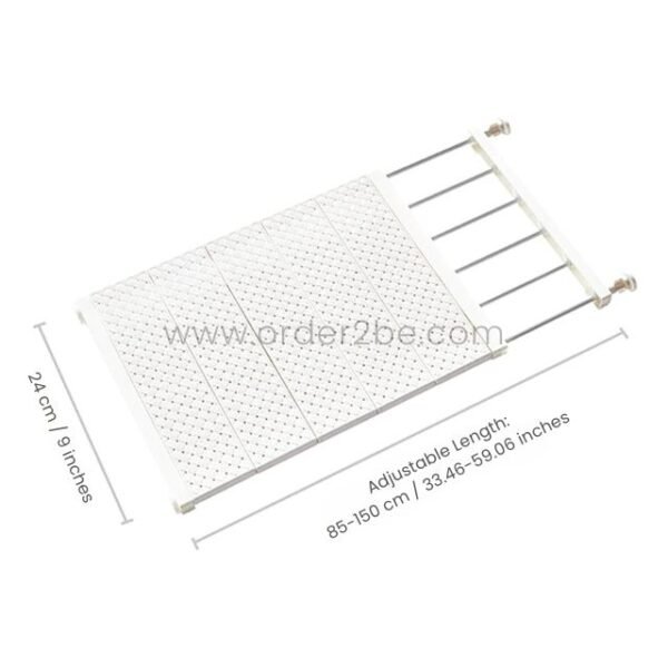 Adjustable Shelf Organizer with dimensions labeled: 85–150cm length and 24cm depth.