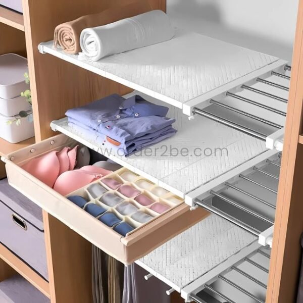 Adjustable Shelf Organizer shown with a third-party drawer insert filled with neatly folded undergarments.