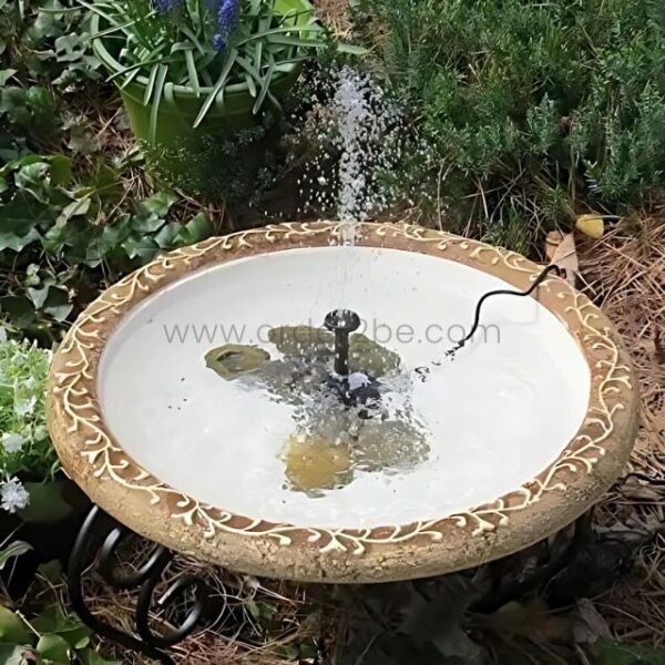 Ground-level view of a solar-powered water fountain birdbath with active water spray in a natural garden setting.