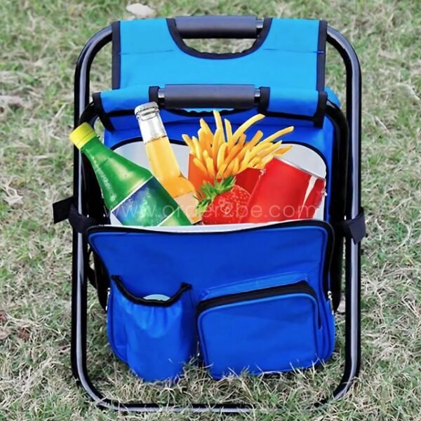 A blue portable backpack chair filled with snacks and drinks, showing its dual use.