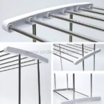 Breakdown of 2-tier laundry drying rack parts including upper rail, middle shelf, and base.