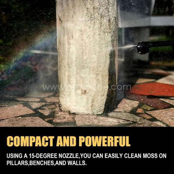 Blasting moss off a pillar with a 15-degree nozzle on the cordless pressure washer.