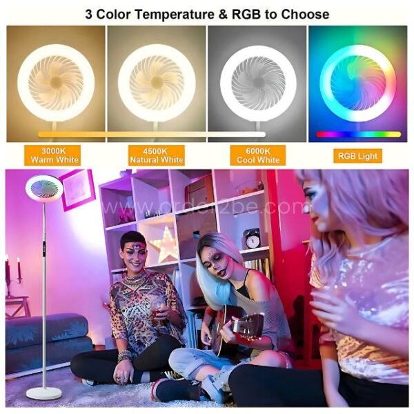 Flexible fan floor light with color temps (3000K, 4500K, 6000K) and RGB modes.