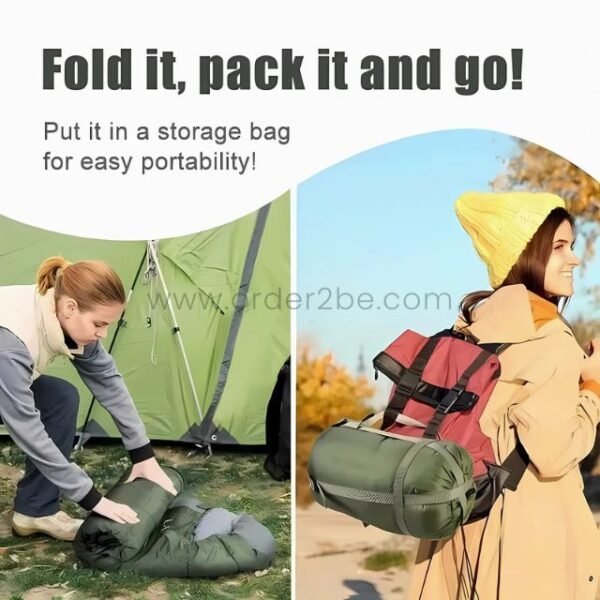 Woman folding a green portable sleeping bag into a sack, then walking with it packed in her backpack near a tent.