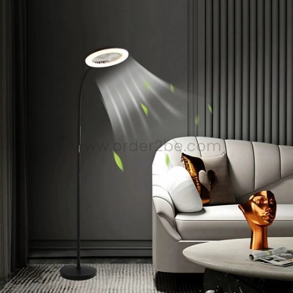 Sleek flexible fan floor light blending into a modern living room.