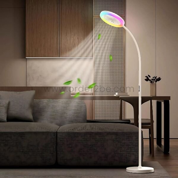 RGB-lit flexible fan floor light in a chic dining space.
