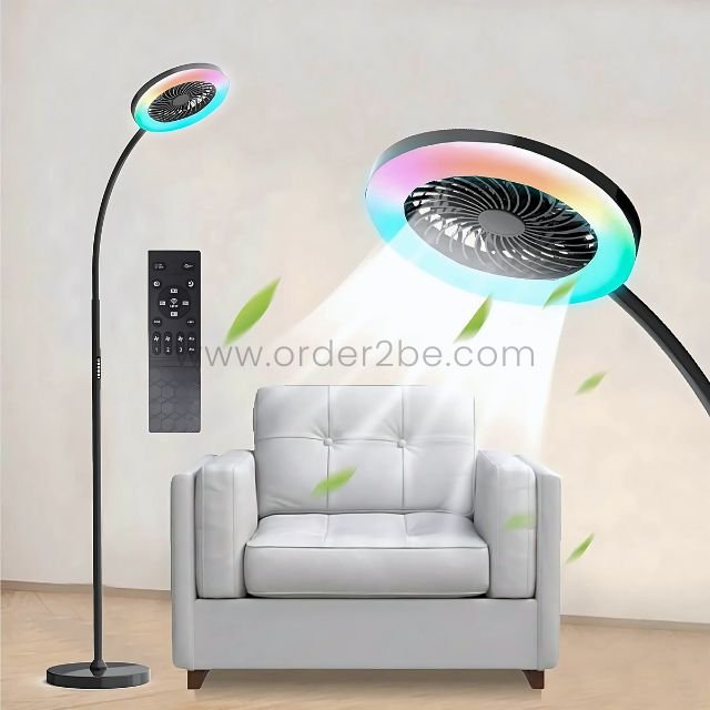 A flexible fan floor light glowing with RGB and cooling a modern living room.