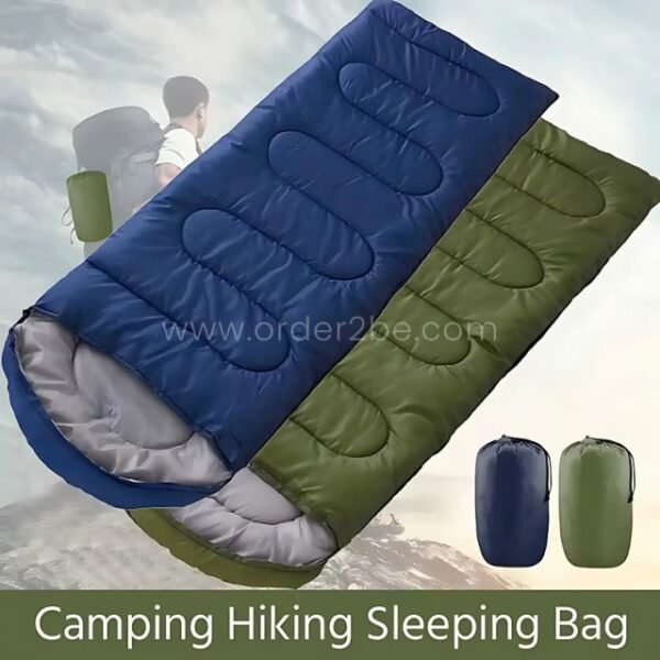 Green and blue portable sleeping bags next to their compact storage sacks, ideal for hiking and camping.