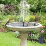 Solar-powered water fountain birdbath nestled in garden greenery, attracting birds and boosting biodiversity.