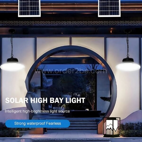 Outdoor solar pendant light in a high bay design with waterproof build and powerful illumination.
