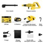 Complete kit contents of the high-power cordless pressure washer: main unit, charger, hose, battery, and packaging.