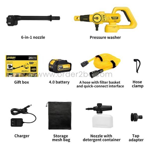 Complete kit contents of the high-power cordless pressure washer: main unit, charger, hose, battery, and packaging.