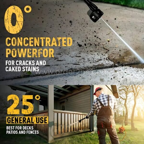Man deep-cleaning a deck with the high-power cordless pressure washer in two spray settings.
