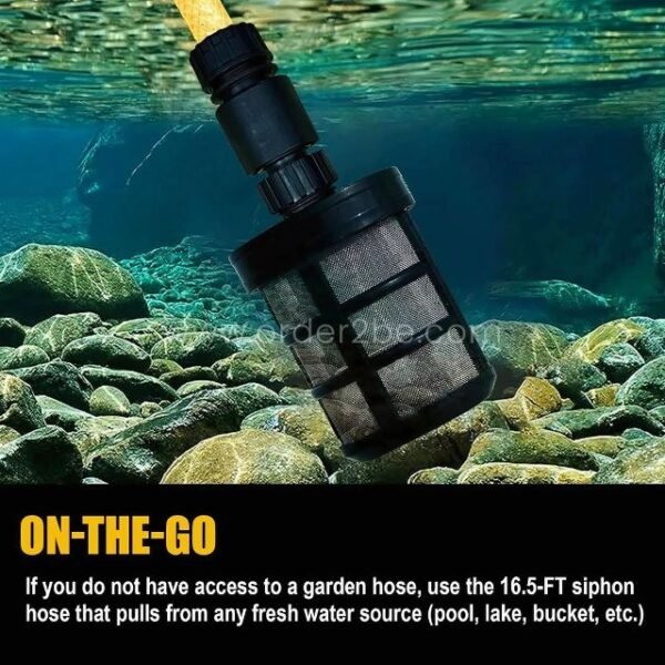 Underwater siphon hose connected to the cordless pressure washer, pulling from a fresh water source.