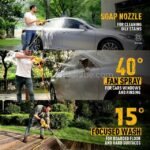 Man using a high-power cordless pressure washer to wash his car, highlighting the adjustable spray functions.