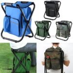 Portable backpack chairs in blue, green, and camouflage—designed for both comfort and function.