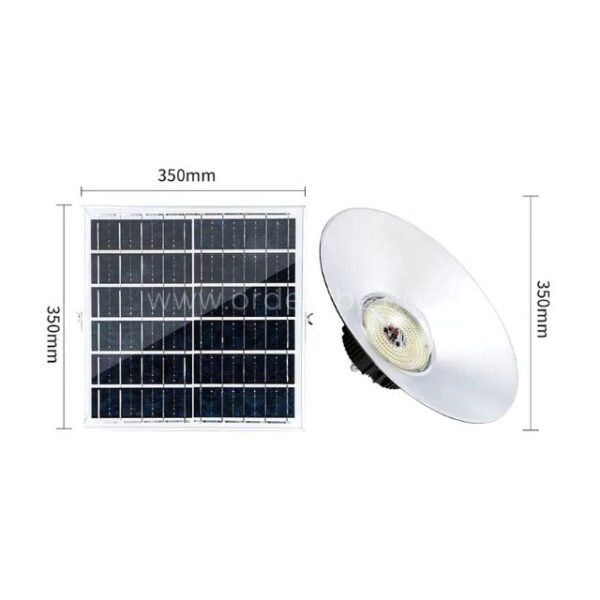 Outdoor solar pendant light and solar panel, both with 350mm diameter, side-by-side.
