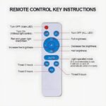 Remote control functions for outdoor solar pendant light, including brightness, timer, and power buttons.