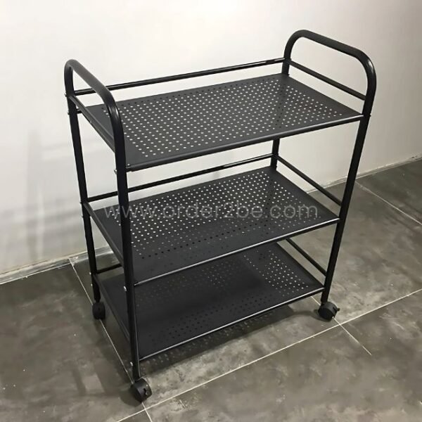 Portable multi-shelf storage rack with wheels and a matte black finish on a tiled floor in a clean, modern room.