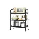 Portable multi-shelf storage rack filled with a microwave, rice cooker, pots, and plates.