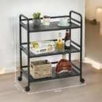 Portable multi-shelf storage rack (75cm tall, 60cm wide) stocked with snacks and drinks in a cozy living room corner.