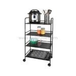 Portable multi-shelf storage rack holding a pressure cooker, utensils, and bowls in a bright kitchen corner.