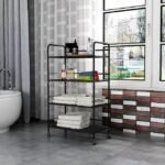 Portable multi-shelf storage rack with wheels, placed beside a bathtub and window, storing towels, toiletries, and a folded blanket.