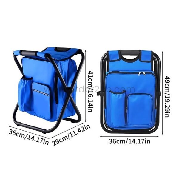 Measurements of the blue portable backpack chair in both open and folded states.