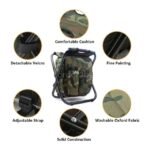 Camouflage portable backpack chair with cushion, velcro, straps, and washable fabric.