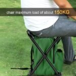 Green portable backpack chair supporting a person, showing its 150KG capacity.