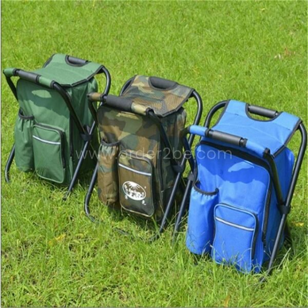Portable backpack chairs in green, camo, and blue set on grassy ground.