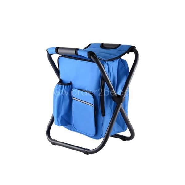 Blue portable backpack chair with spacious compartments and folding frame.