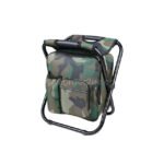 Camouflage portable backpack chair with multiple pockets and strong frame.