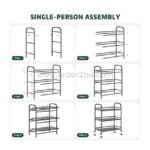 Visual instructions showing a solo assembly process for the portable multi-shelf storage rack.