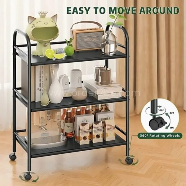 Portable multi-shelf storage rack with rotating wheels, styled with vases and books in a stylish space.