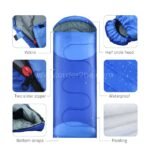 Close-up of a blue portable sleeping bag showing velcro, two-way zipper, waterproof fabric, padded lining, hood, and bottom straps.