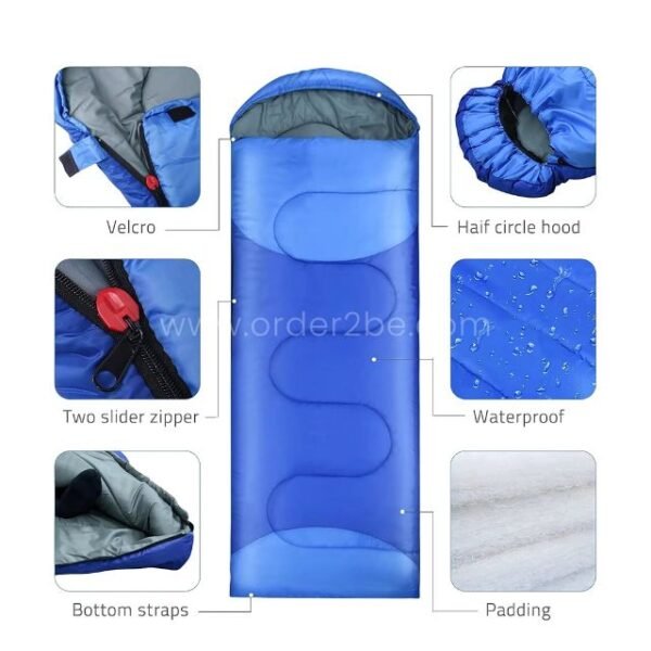 Close-up of a blue portable sleeping bag showing velcro, two-way zipper, waterproof fabric, padded lining, hood, and bottom straps.