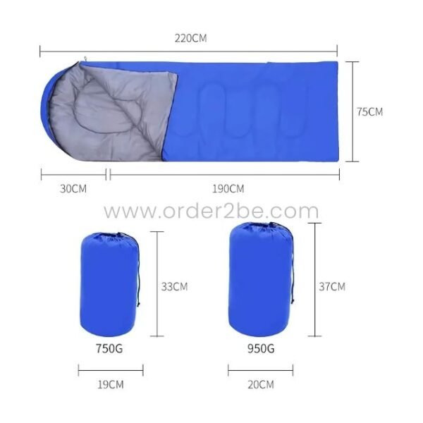 Measurement chart of blue portable sleeping bag, showing 220cm x 75cm size and packing weights of 750g and 950g.