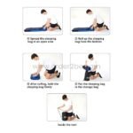 Step-by-step visual guide showing how to roll and pack a portable sleeping bag into its travel-friendly storage bag.