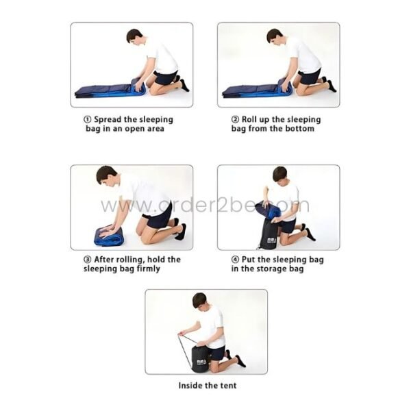 Step-by-step visual guide showing how to roll and pack a portable sleeping bag into its travel-friendly storage bag.