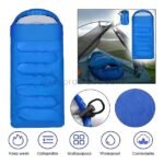 Blue waterproof and collapsible portable sleeping bag shown compressed in a sack and laid out in a tent, with icons showing warmth, comfort, and versatility.
