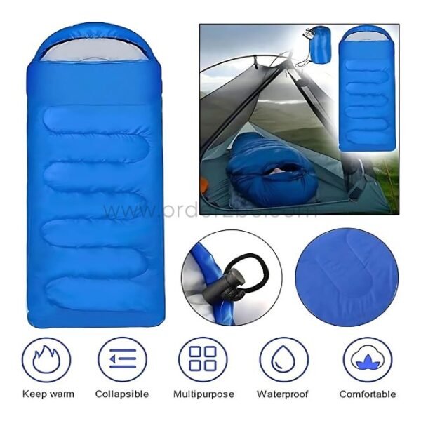 Blue waterproof and collapsible portable sleeping bag shown compressed in a sack and laid out in a tent, with icons showing warmth, comfort, and versatility.