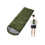 Green portable sleeping bag on a white background beside a standing person with a backpack, highlighting its compact size.