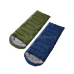 Two compact portable sleeping bags—green and blue—laid flat with quilted textures and gray linings on a clean white background.