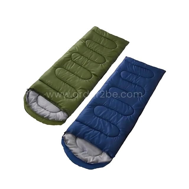 Two compact portable sleeping bags—green and blue—laid flat with quilted textures and gray linings on a clean white background.
