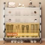 Transparent multi-tier shoe cabinet with an extended-height boot compartment for tall footwear.