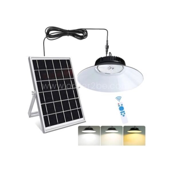 Outdoor solar pendant light connected to a solar panel with remote control and adjustable brightness.